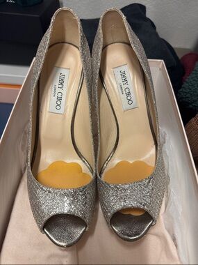 Jimmy Choo Gold and Silver Glitter Open-Toe Pumps